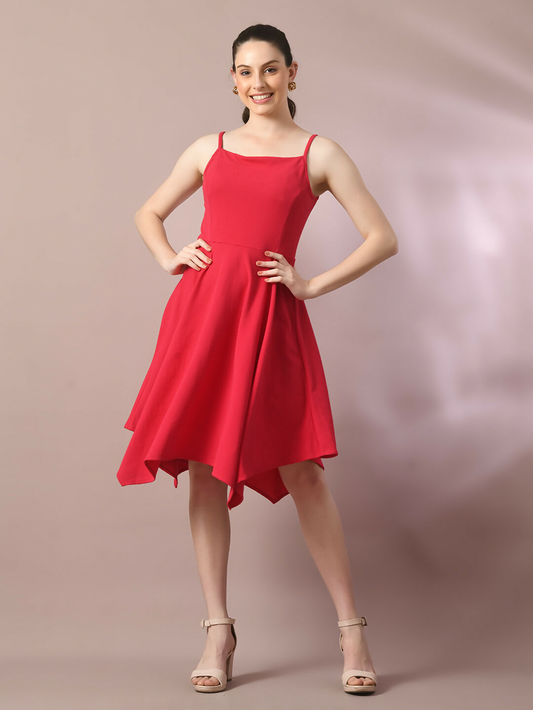 Myshka Women's Pink Solid Shoulder Straps Fit and Flare Party Dress
