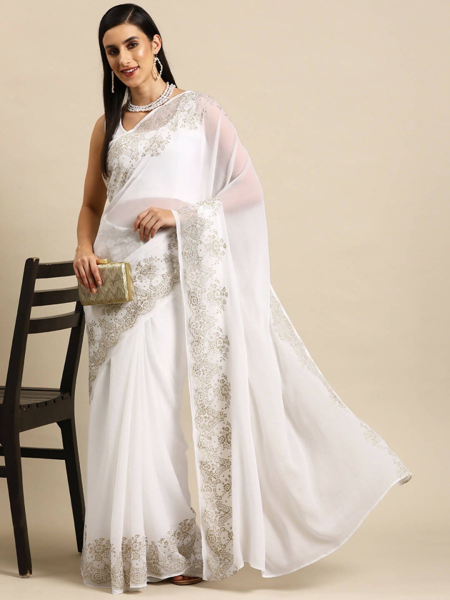 Ahalyaa Women's Traditional Semi Stitch Saree - White