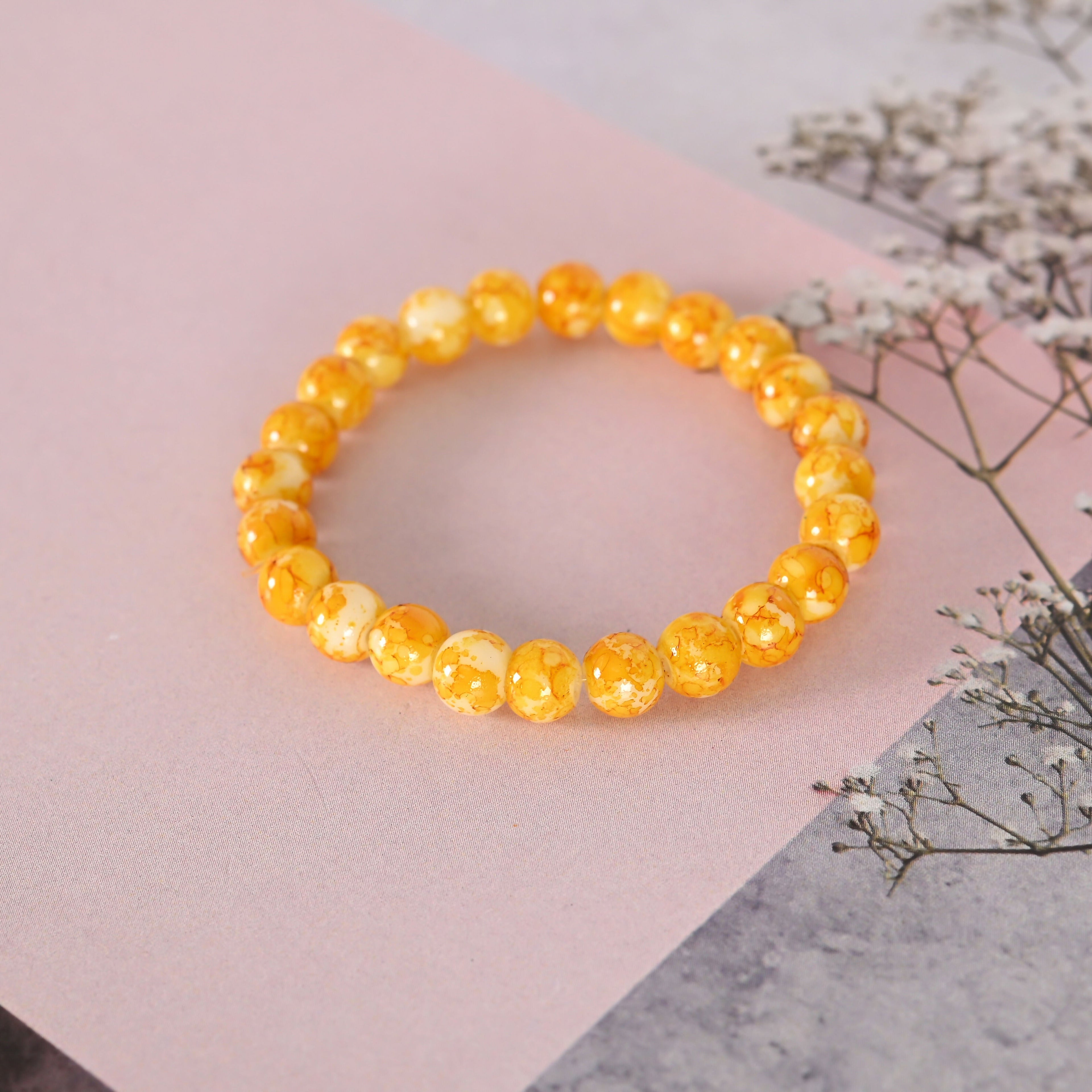 NVR Men & Women Yellow Marbel Crystal Elasticated Bracelet