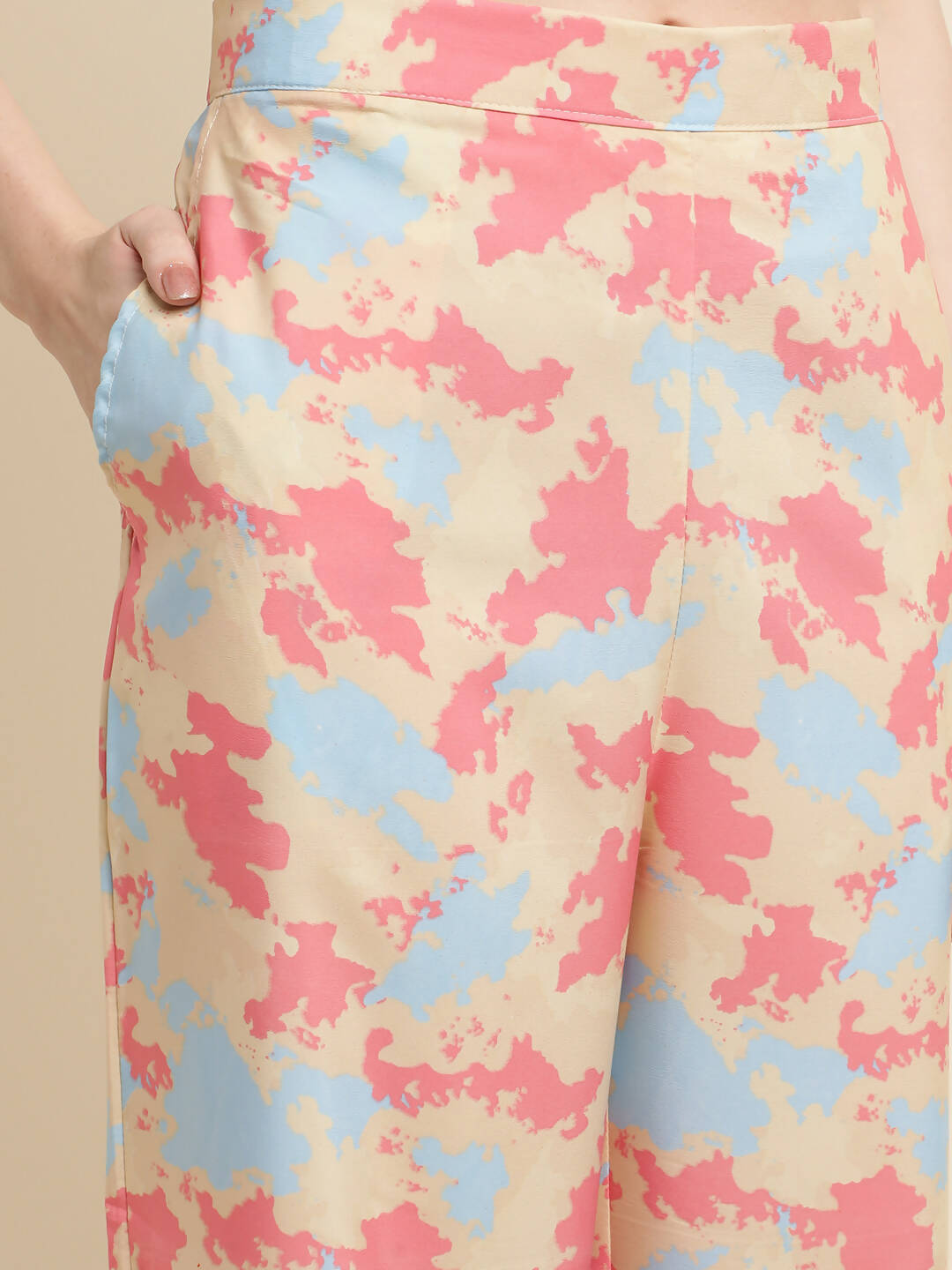 Beige & Pink Poly Crepe Digital Printed Top with Matching Bottom - Preeti