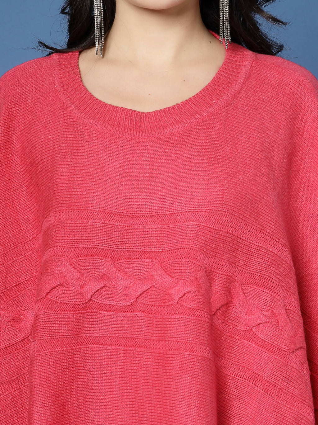 Women Fuchsia Acrylic Self Design Poncho - Wool Trees