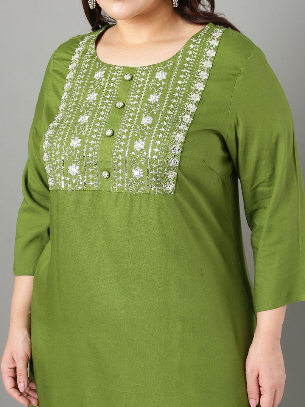 Sztori Plus Size Floral Yoke Design Mirror Work Straight Kurta