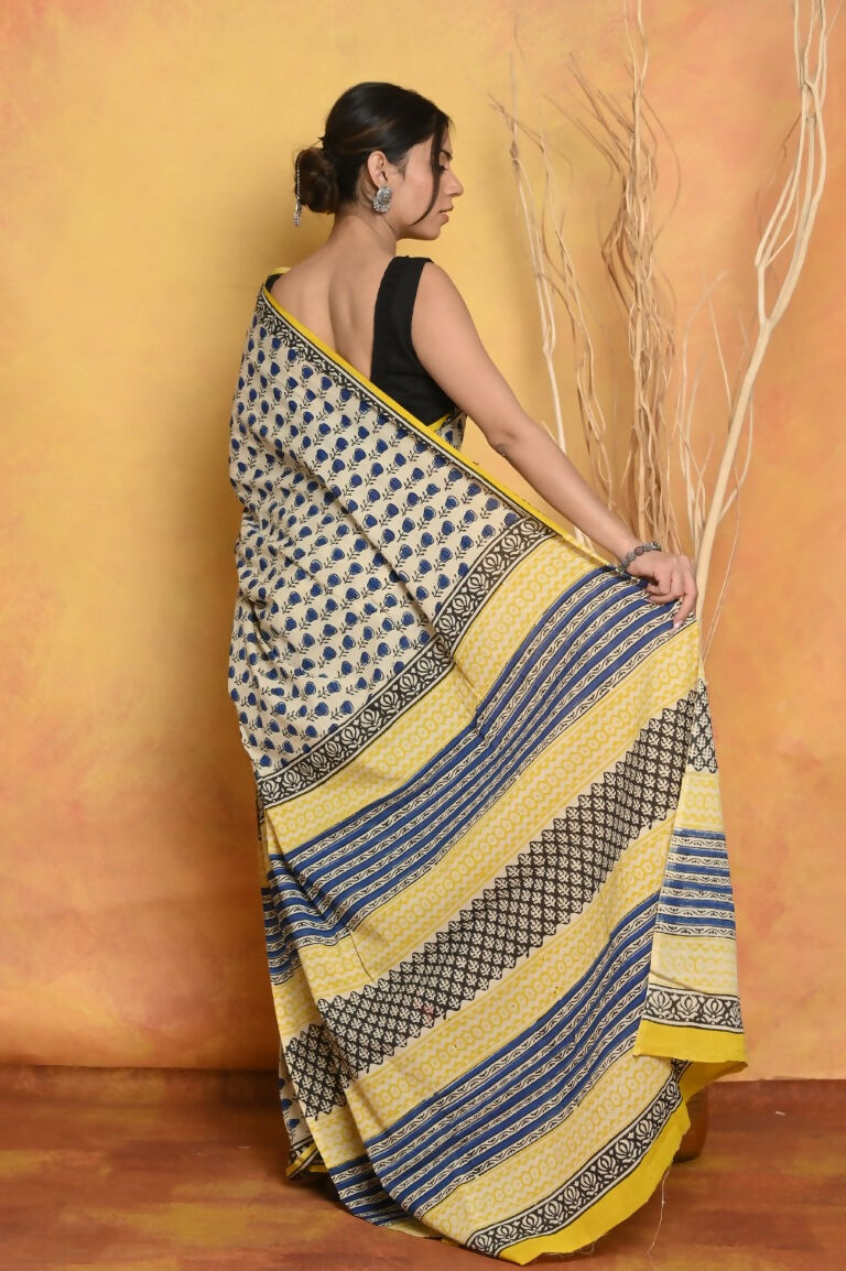 Very Much Indian Handblock Printed Cotton Saree With Natural Dyes - White