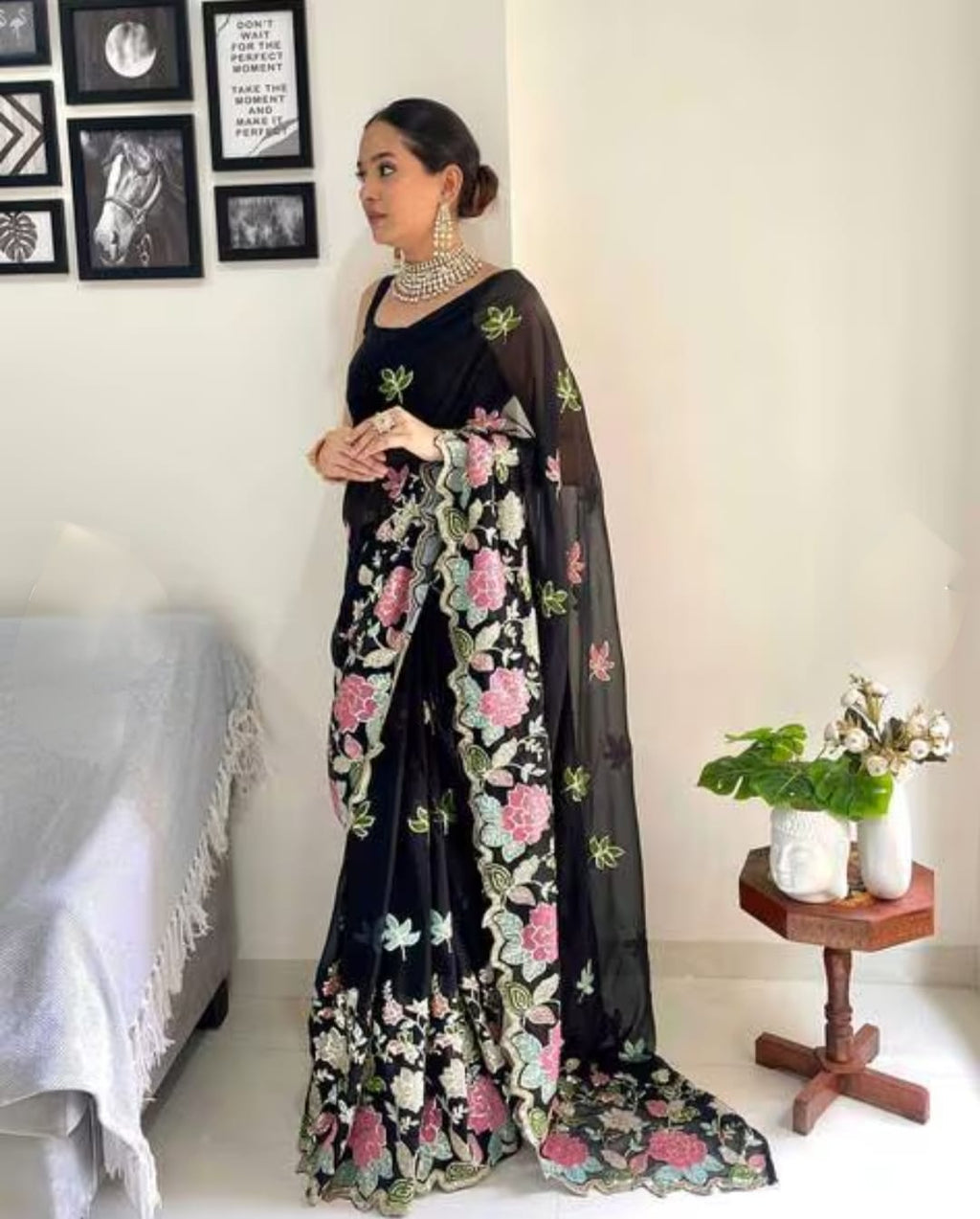 Vamika Embroidery Black Georgette Bollywood Saree