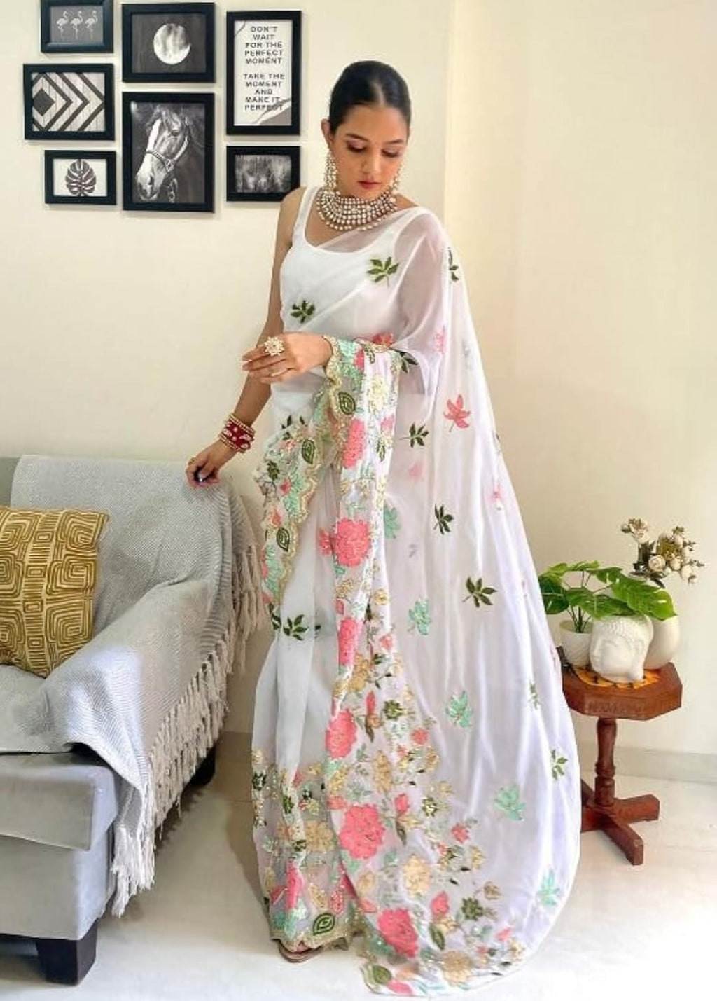 Vamika Embroidery White Georgette Bollywood Saree
