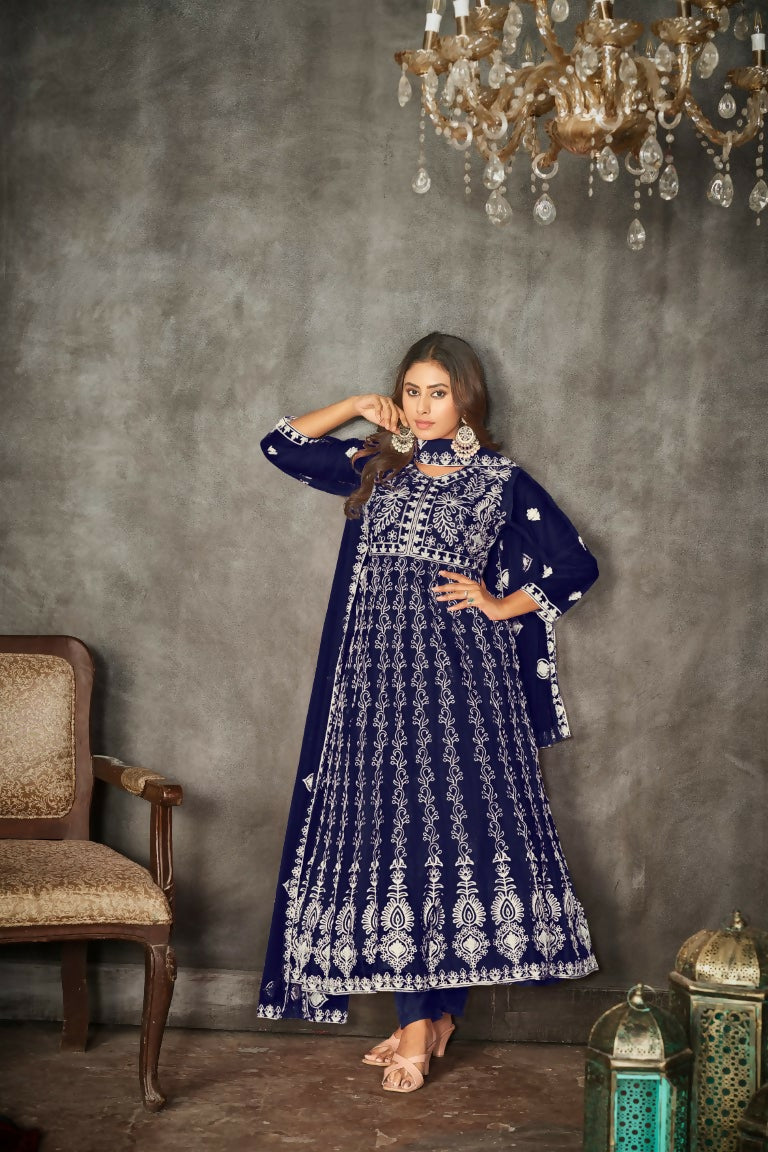 Jyoti Fashion Women's Blue Net Embroidered Anarkali Kurta Pant Set With Dupatta