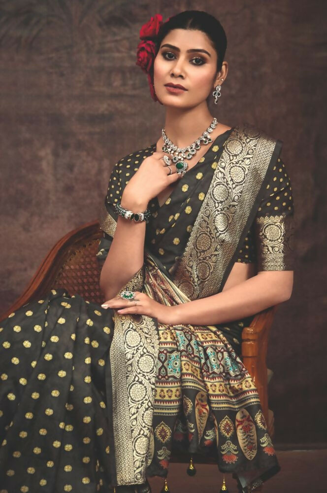 Joban Fashion Grey Dola Tussar Silk Self Jacquard Border Saree