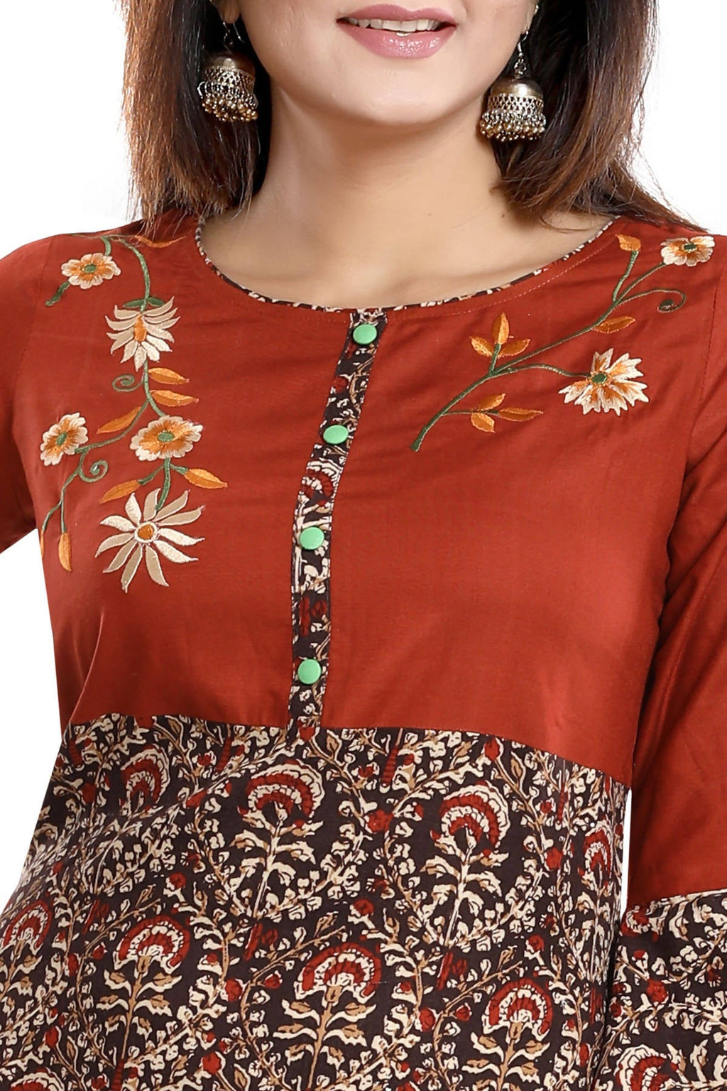 Snehal Creations Rust Rayon Printed Flared Long Tunic