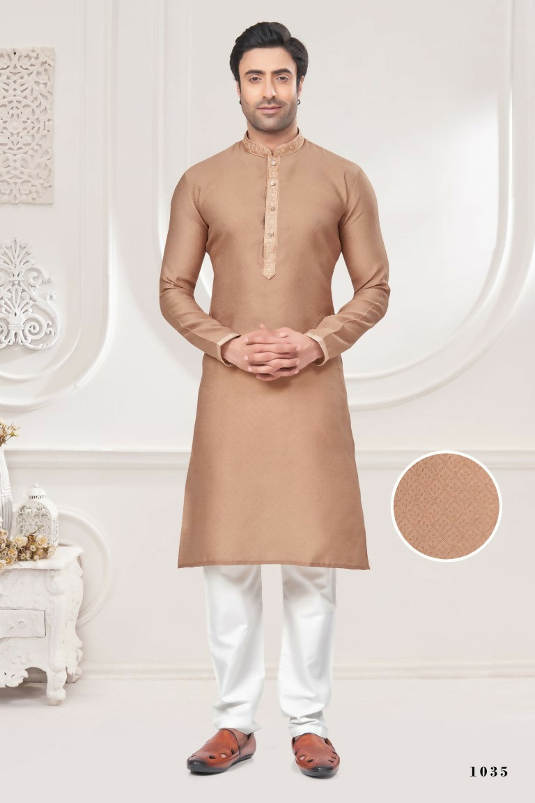 Functional Designer Men's Cream Jacquard Kurta With Pant - Rudra