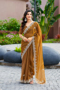 Vastranavya Brown Embroidery Work Shimmer Chiffon Saree with Unstitched Blouse