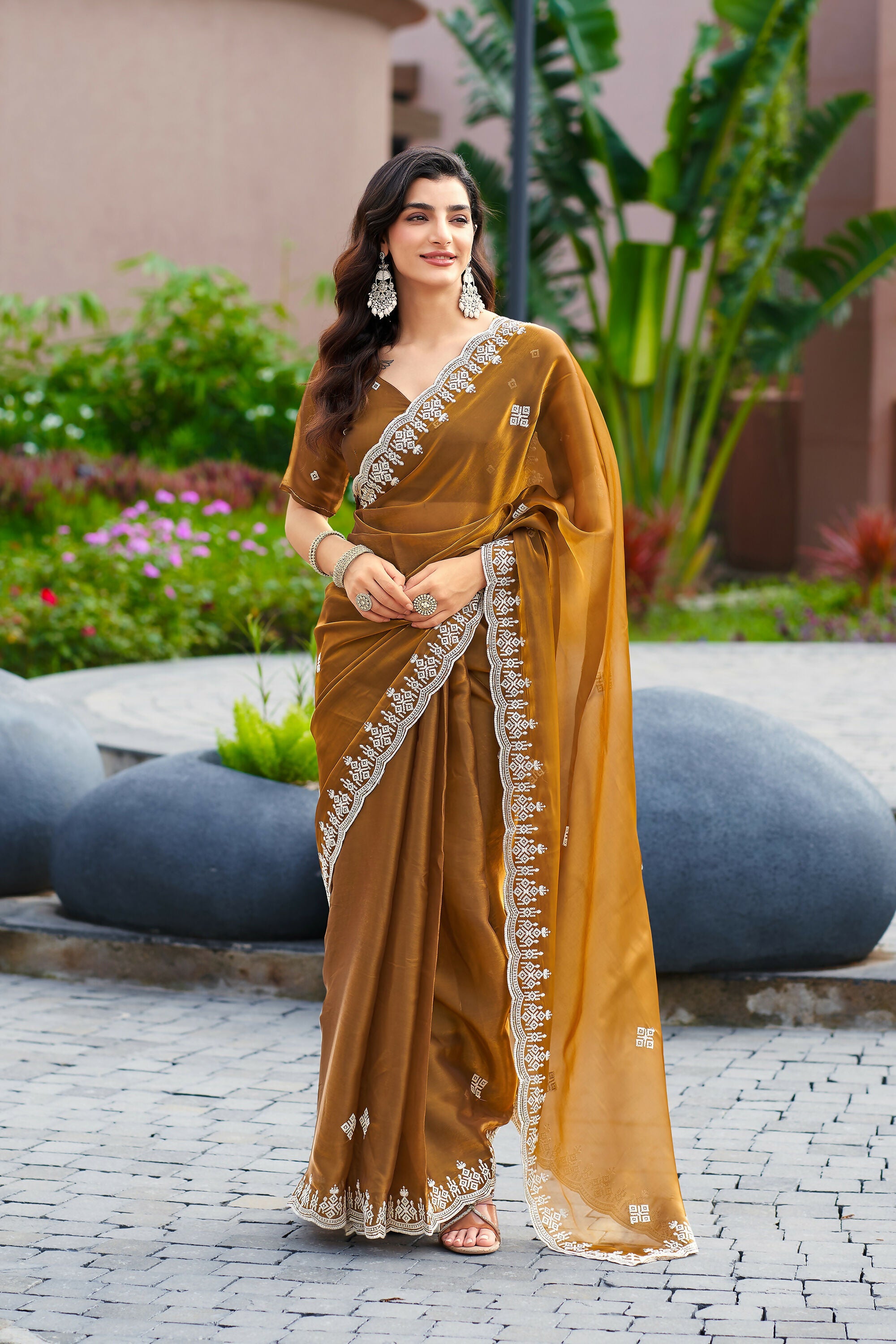 Vastranavya Brown Embroidery Work Shimmer Chiffon Saree with Unstitched Blouse