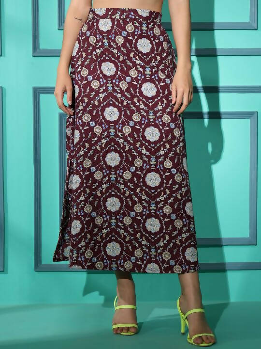 Wine Crepe Floral Printed Top with Matching Skirt - Shivani