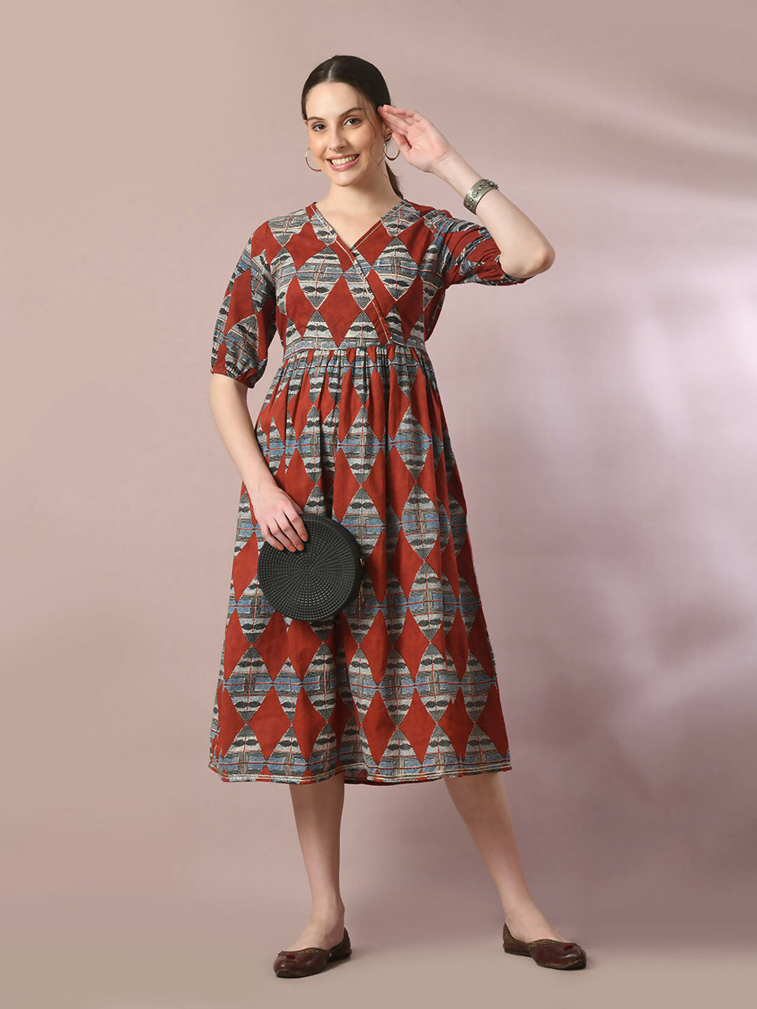 Myshka Women's Multi Printed Cotton V-Neck Empire Party Dress