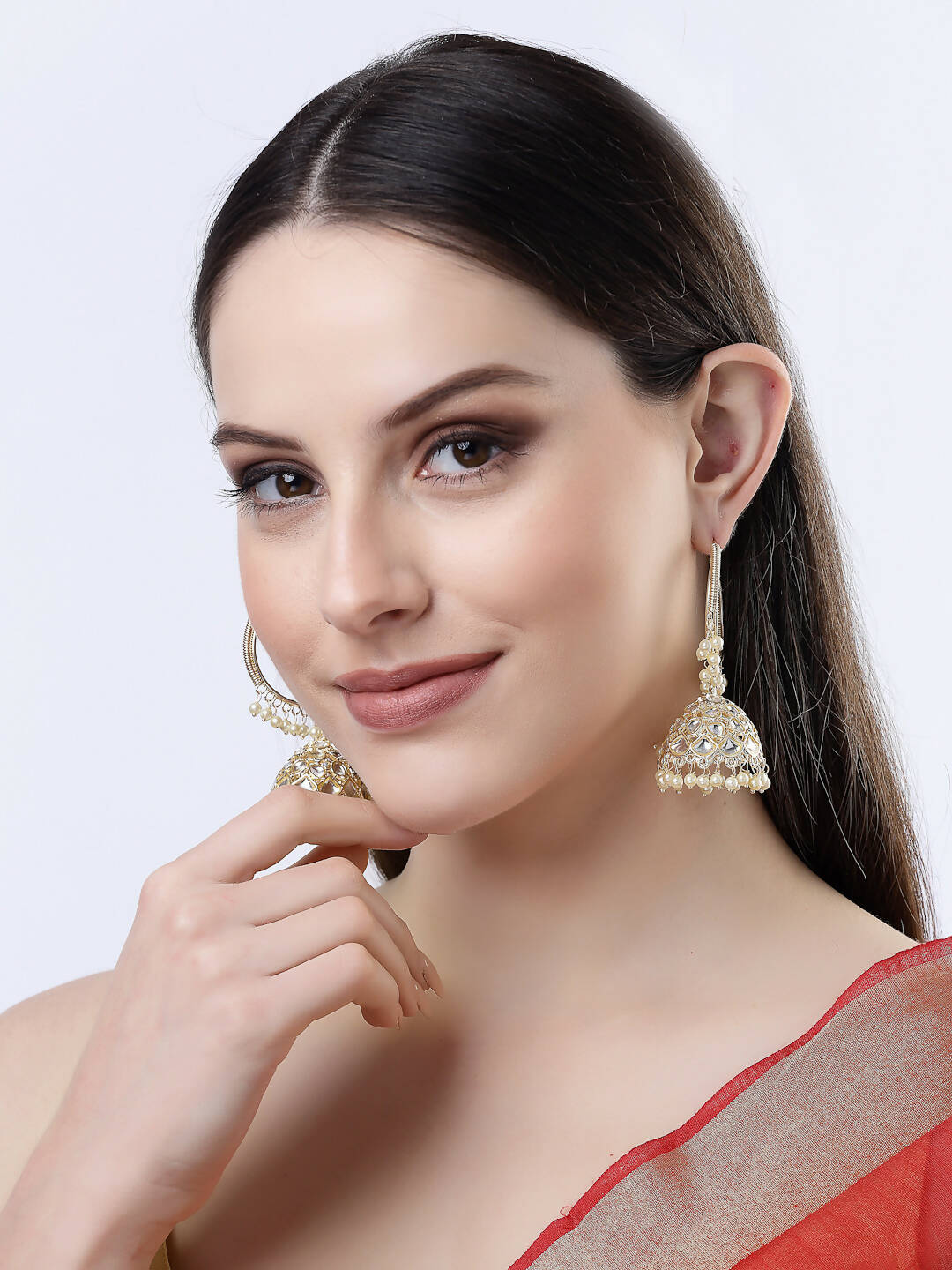 NVR Women Gold-Polished Handcrafted Kundan Jhumka Earrings