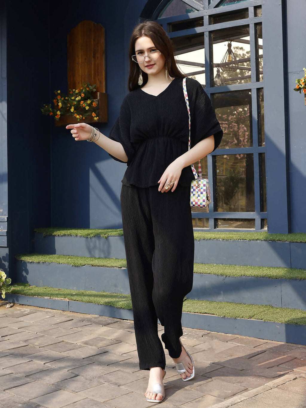 Black Crush Plain Top with Matching Bottom - Eesha