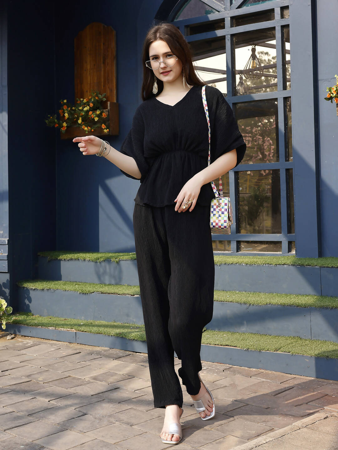 Black Crush Plain Top with Matching Bottom - Eesha