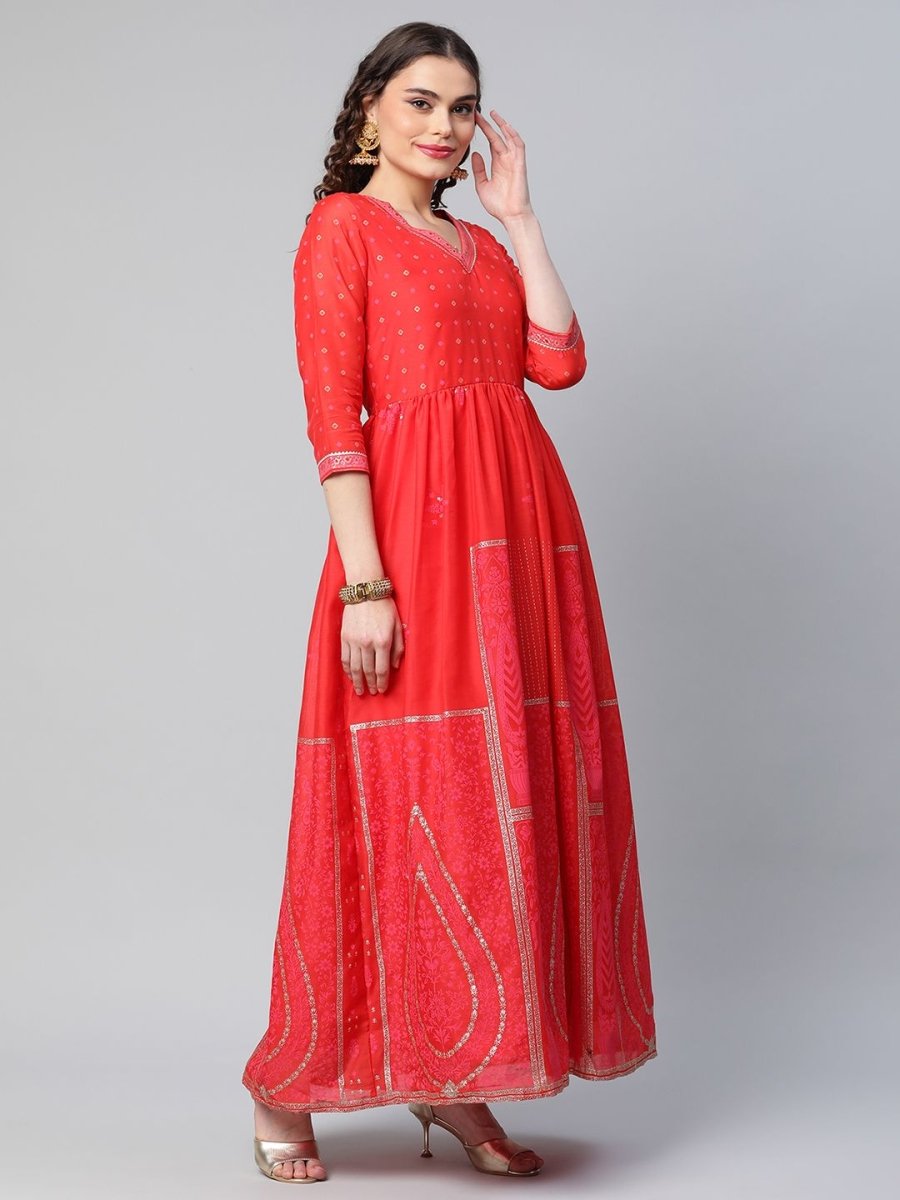 Ahalyaa Women Red Chanderi Khari Printed Dress