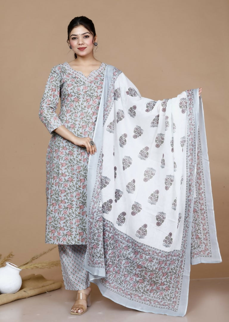 Miravan Women's Blue Gota Patti Cotton Kurta With Palazzo And Dupatta Set