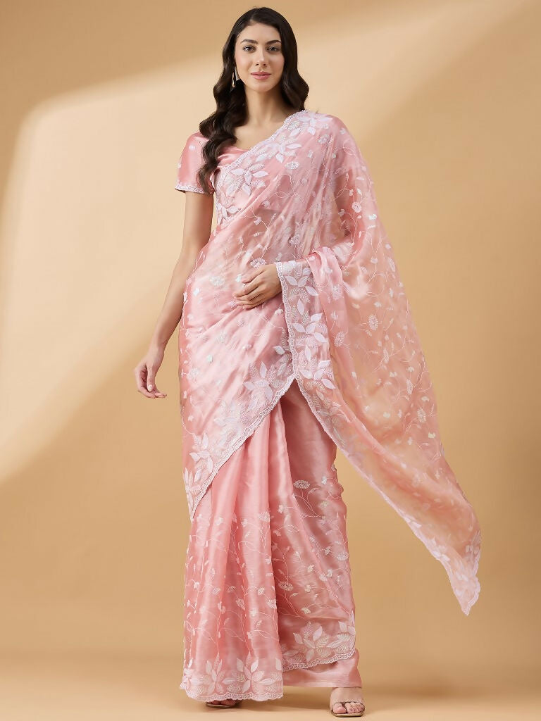 Peach Tissue Slub Embroidered Saree with Unstitched Blouse - Vairagi