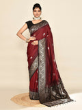 Joban Fashion Maroon & Black Plain With Weaving Border Banarasi Silk Sarees