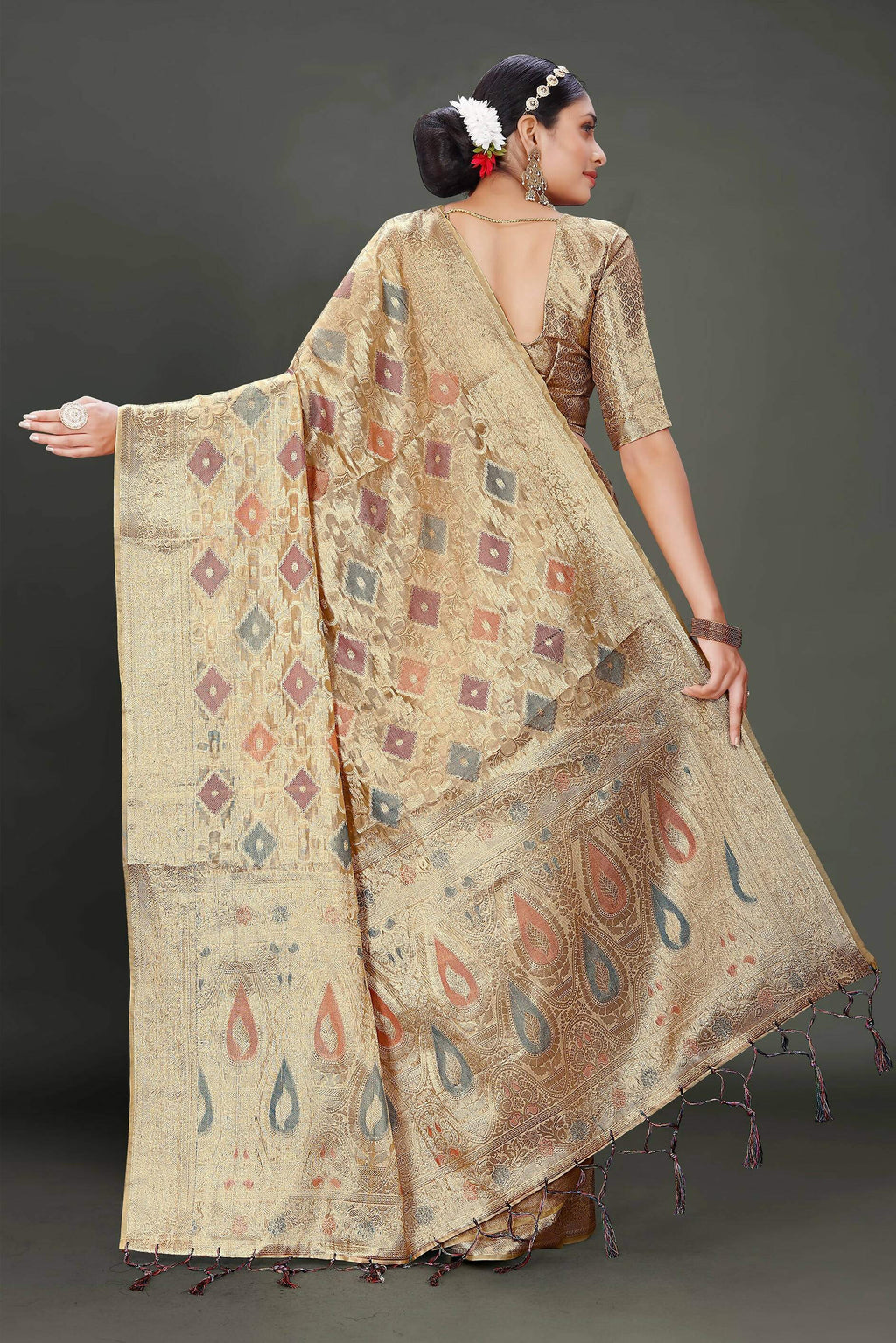 Beige Soft Organza Woven Design Saree With Unstitched Blouse Piece - Zaara