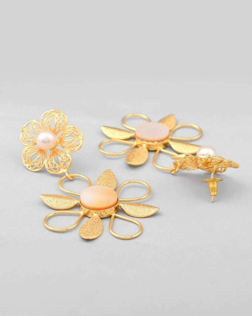 VOJ Gold-Polished Pearl Studded Flower Shaped Drop Earrings