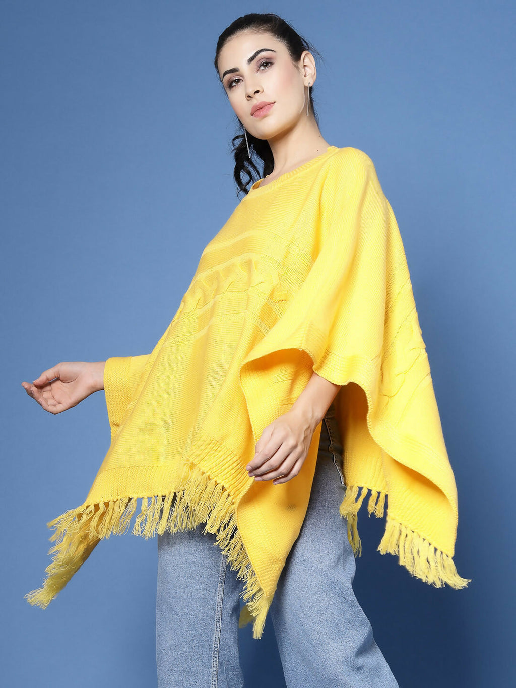 Women Yellow Acrylic Self Design Poncho - Wool Trees