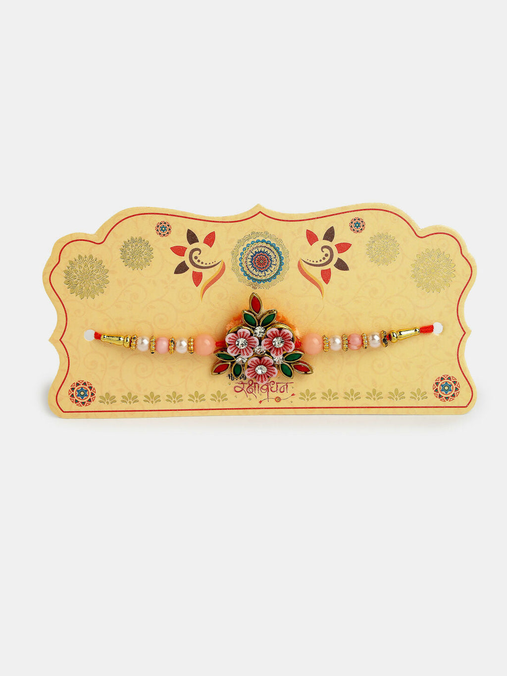 NVR Men Pink Floral Shape Stone-Studdded & Beaded Rakhi With Roli Chawal