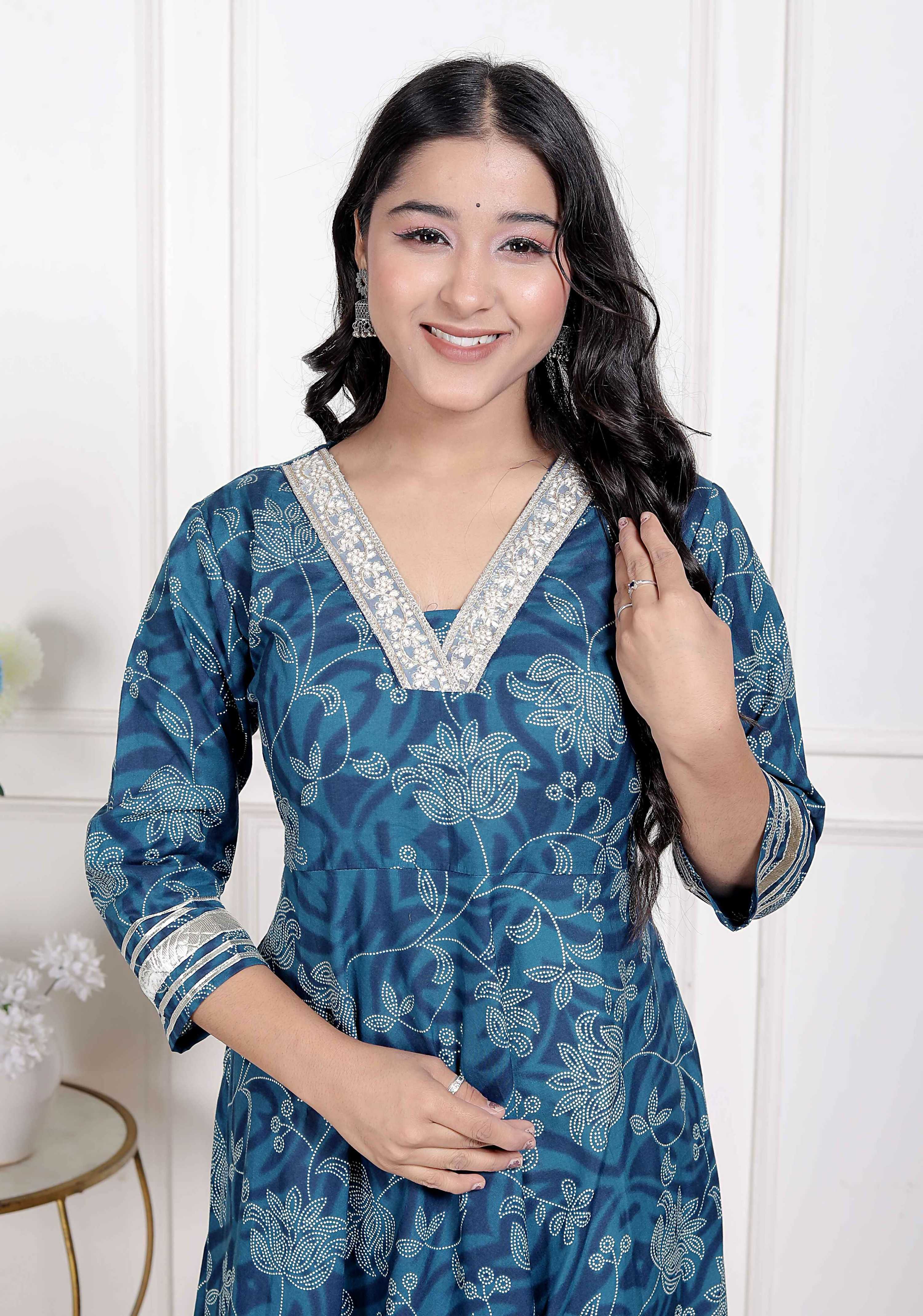 Miravan Women's Blue Cotton Embroidered Neck Anarkali Kurta