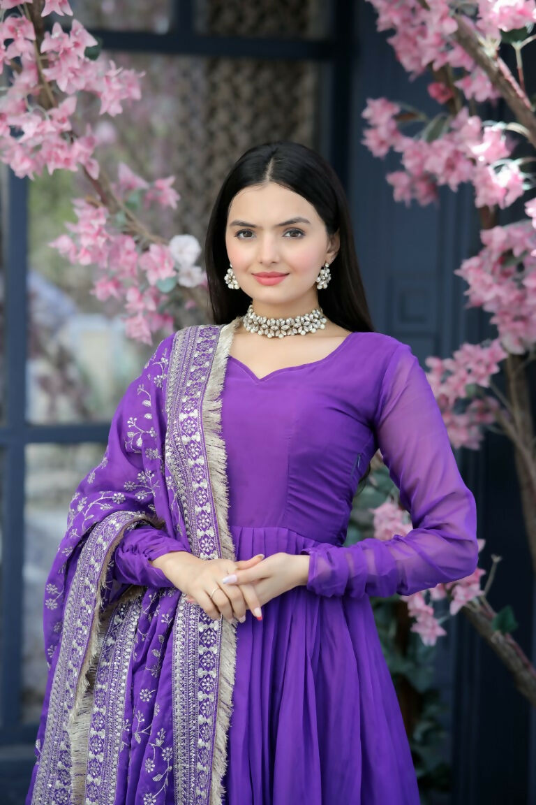Jyoti Fashion Women's Purple Tabby Silk Designer Kurta with Trouser & Dupatta