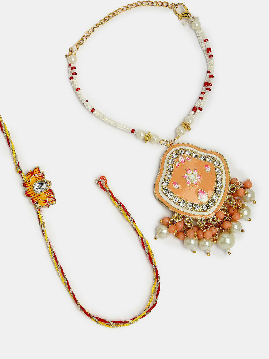 NVR Women & Men Set of 2 Peach Lotus Shape Kundan Stone-Studded & Beaded Bhaiya Bhabhi Rakhi With Roli Chawal