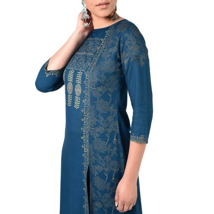 Aniyah Rayon Block Print Front Slit Straight Kurta With Palazzo Set In Blue (AN-166K)
