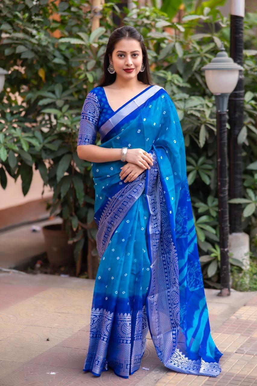 Blue Jute Silk Ethnic Motifs Saree with Unstitched Blouse - Hiral Fashion