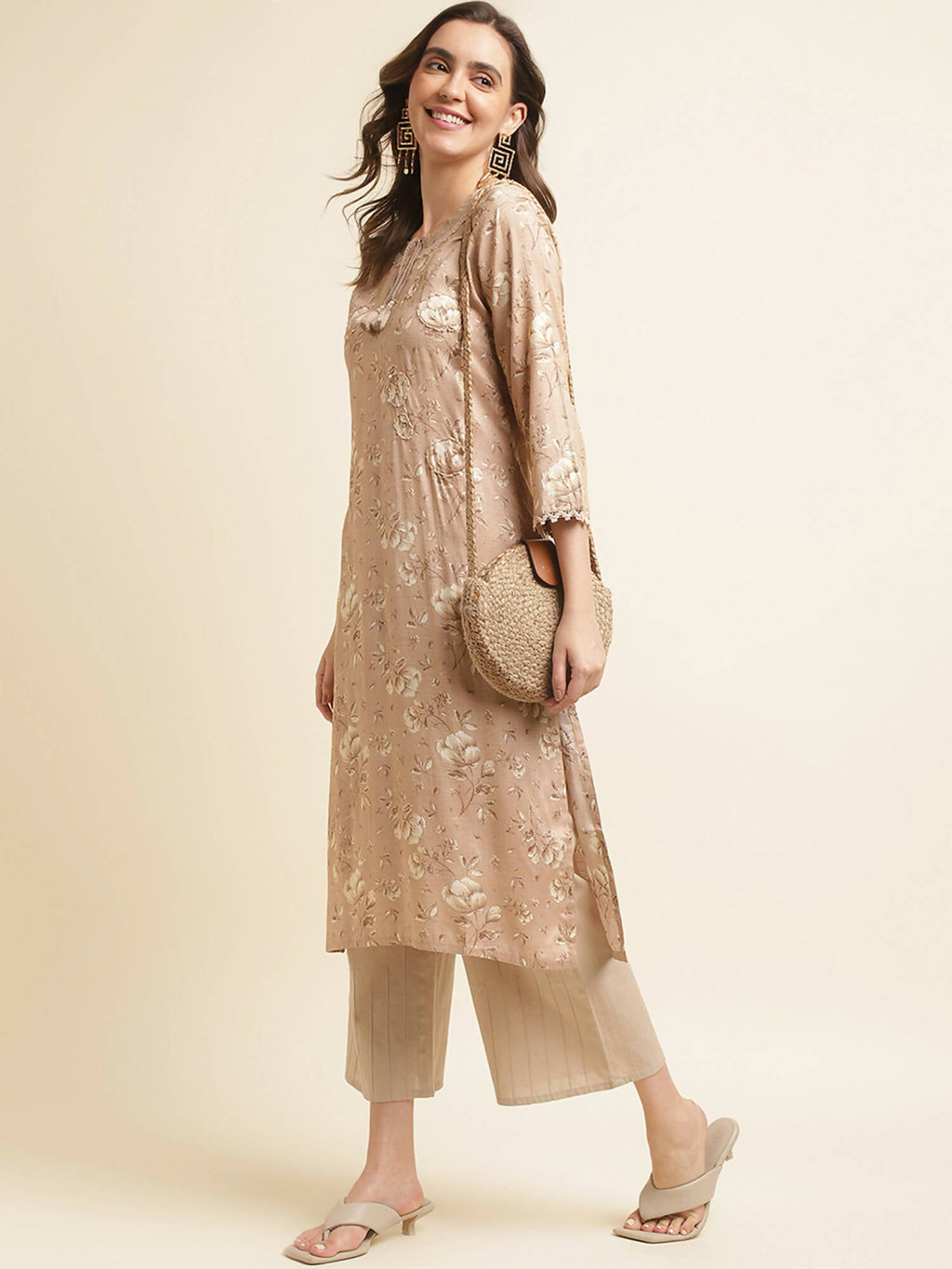 Beige Poly Rayon Floral Printed Straight Kurta - Prasuti