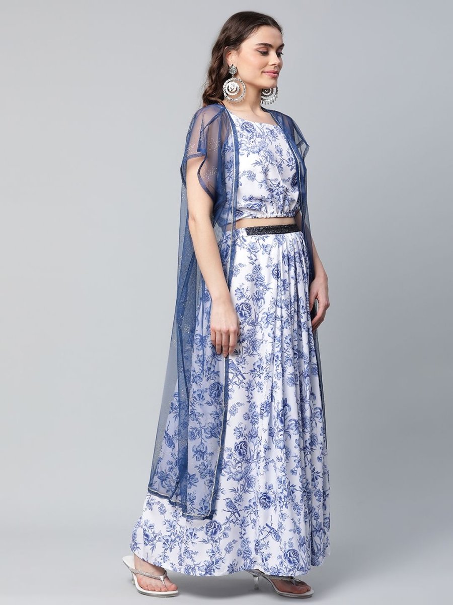 Ahalyaa Women Blue Crepe Printed Top with Skirt with Net Overlay