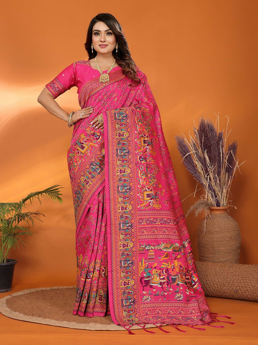 Joban Fashion Pink Meena Weaves Pashmina Sarees