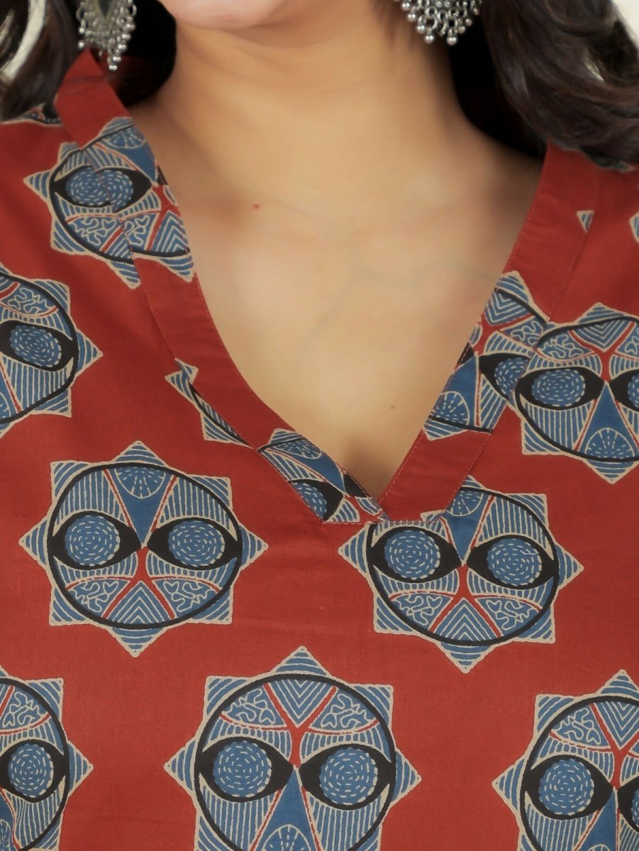 Aramya Red Soft Cotton Ajrakh Straight Kurta for Women