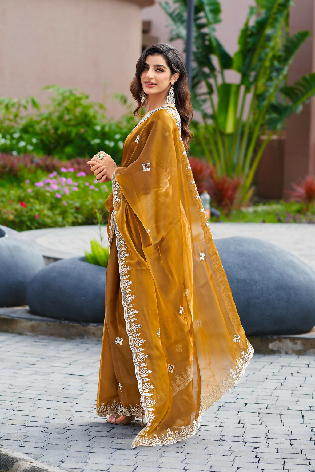 Vastranavya Brown Embroidery Work Shimmer Chiffon Saree with Unstitched Blouse