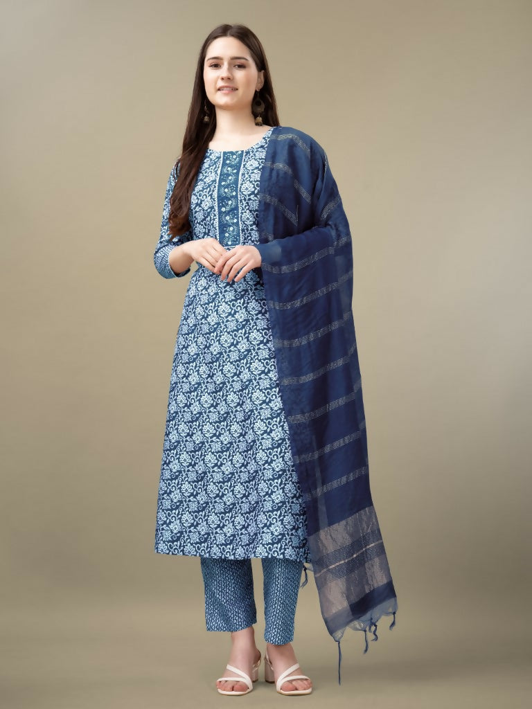 Jyoti Fashion Women's Light Blue Rayon Embroidery & Sequence work Kurta with Trouser & Dupatta
