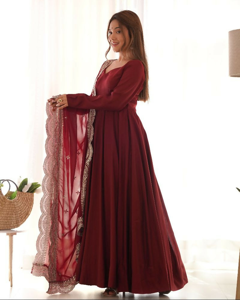 Joban Fashion Maroon Kurta Set Chanderi Sequence Embroidery Work