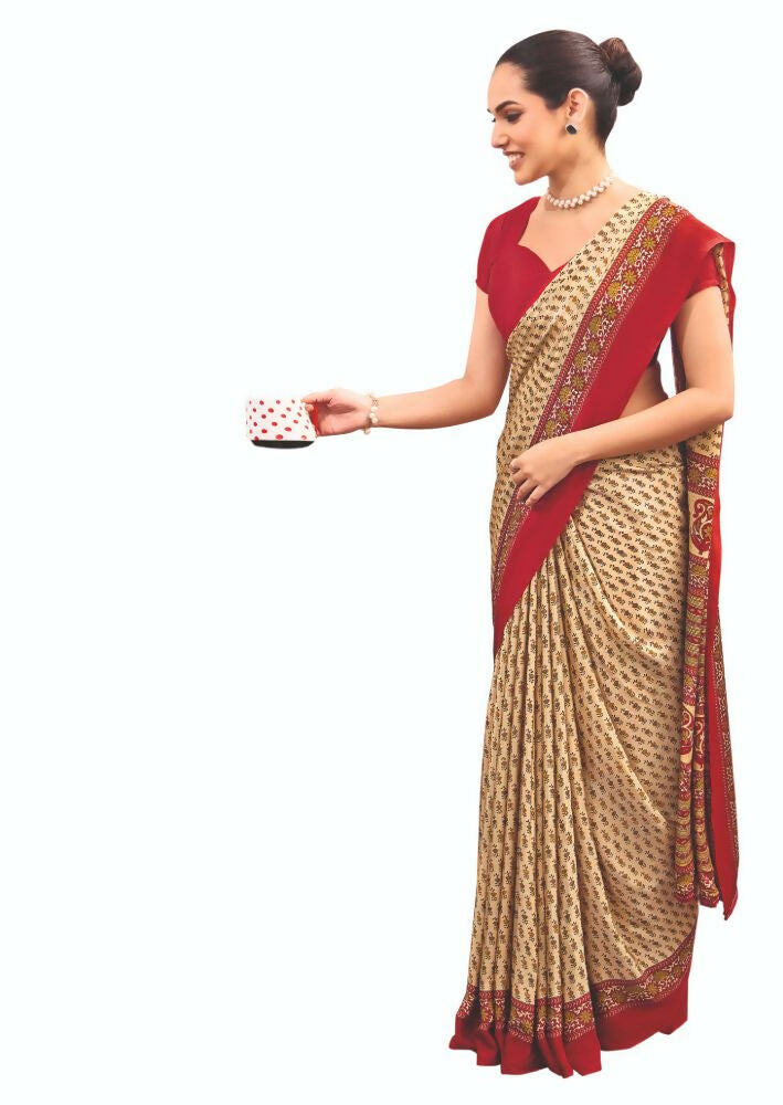Joban Fashion Cream Crepe Silk with Traditional Print Saree