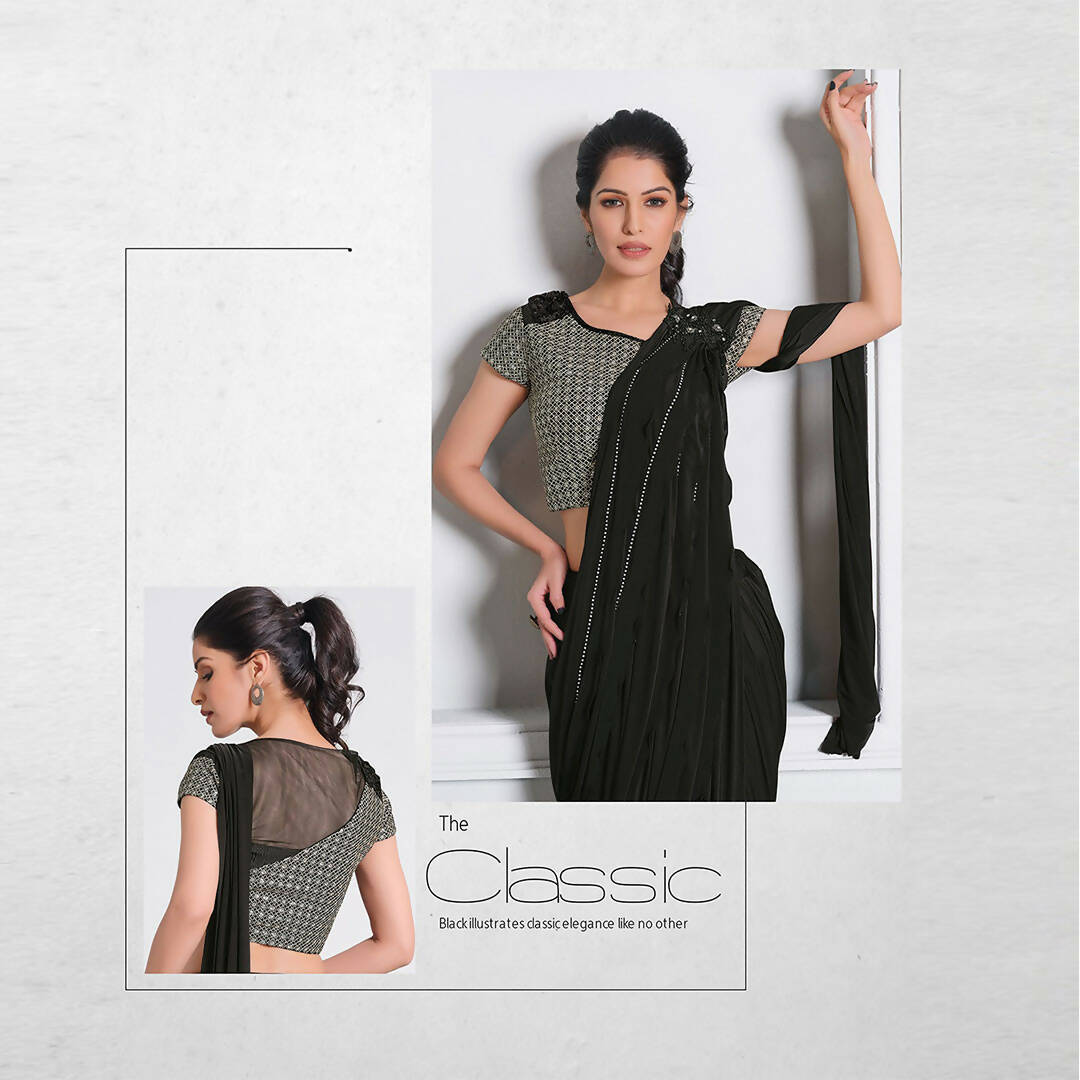 Black Lycra Cord And Sequins Embriodery Saree - Mohmanthan Izzara