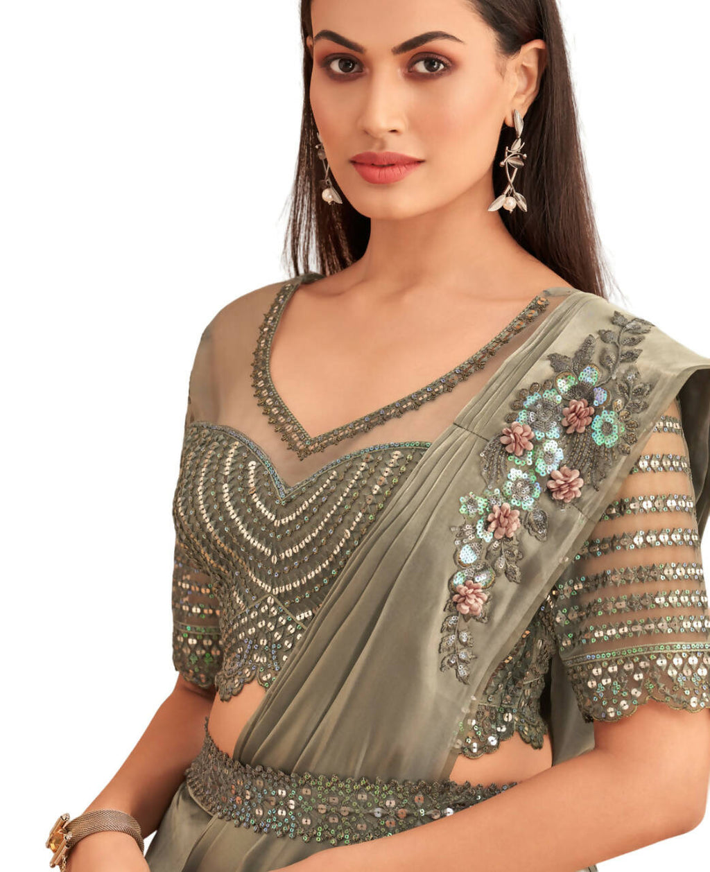 Green Satin Embroidered Ready To Wear Saree With Unstitched Blouse Piece - Nandika
