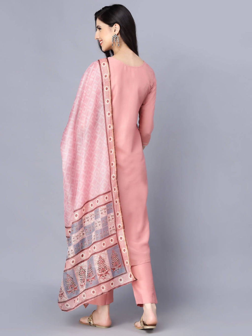Myshka Women Peach-Coloured Layered Kurta with Trousers With Dupatta