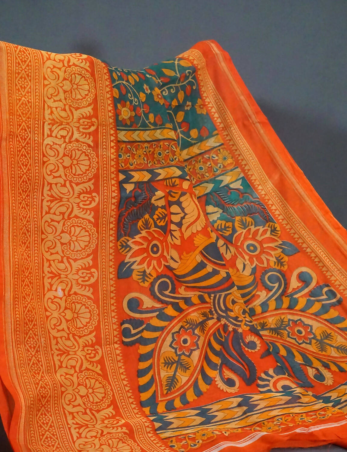 Shades Of Rama Green Kalamkaari Design Semi Chanderi Saree With Contrast Blouse By Gayathri Reddy Designer Studio