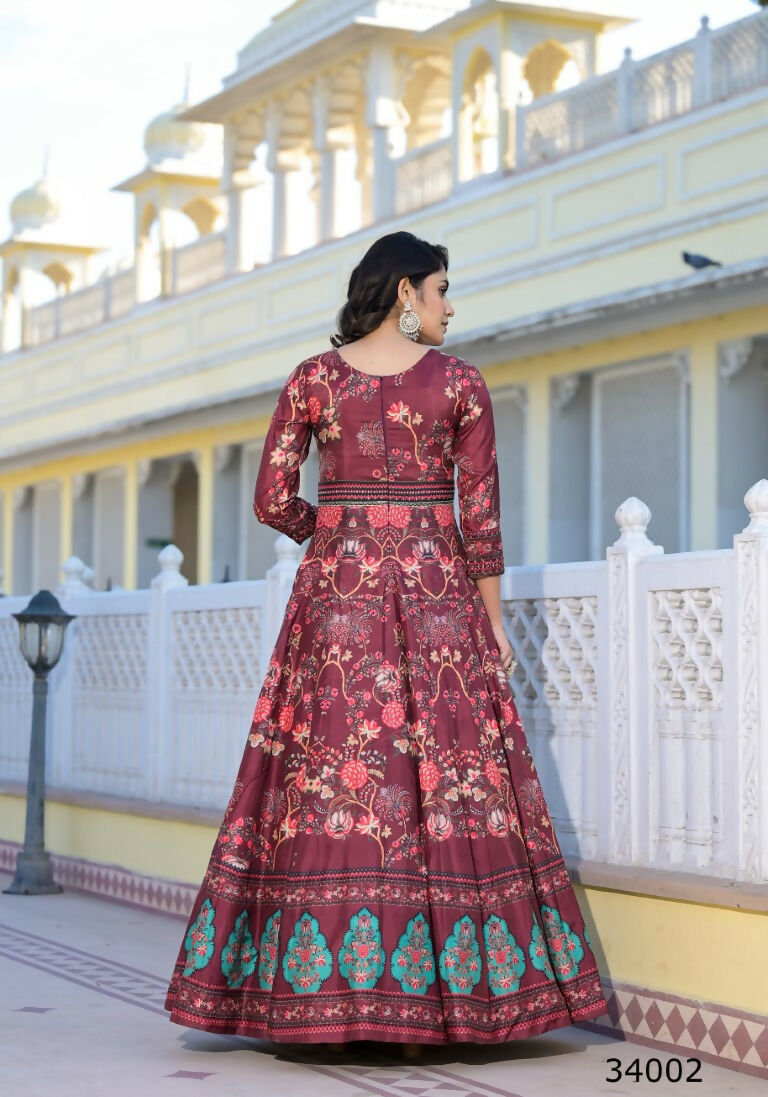 Partywear Designer Maroon Dola Silk Anarkali suit with Dupatta - Suzen