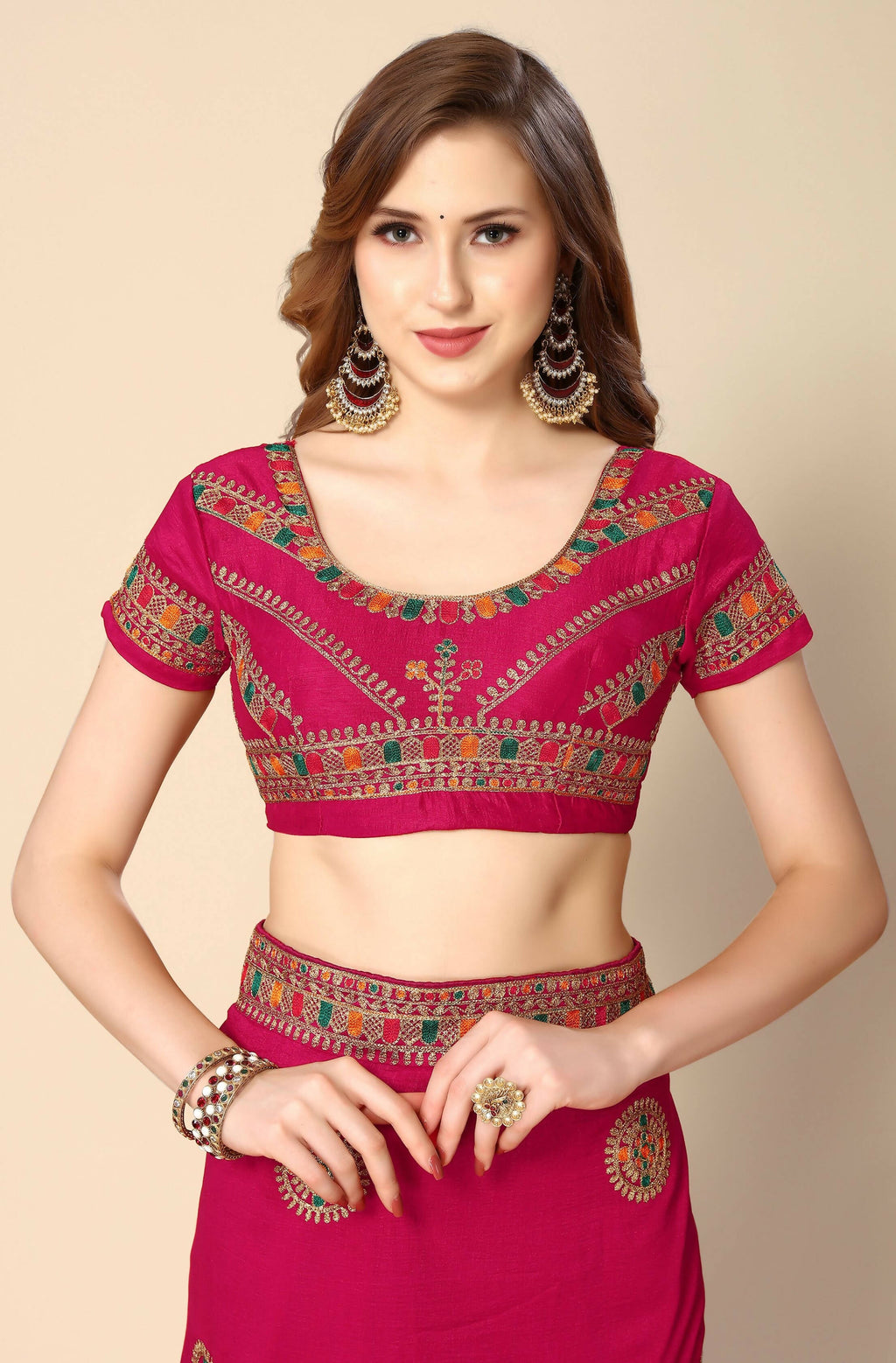 Pink Chinon Embroidered Saree with Unstitched Blouse Piece - Roozal