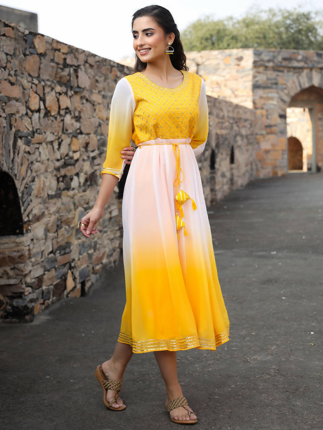 Juniper Women Yellow Georgette Embroidered Maxi Dress