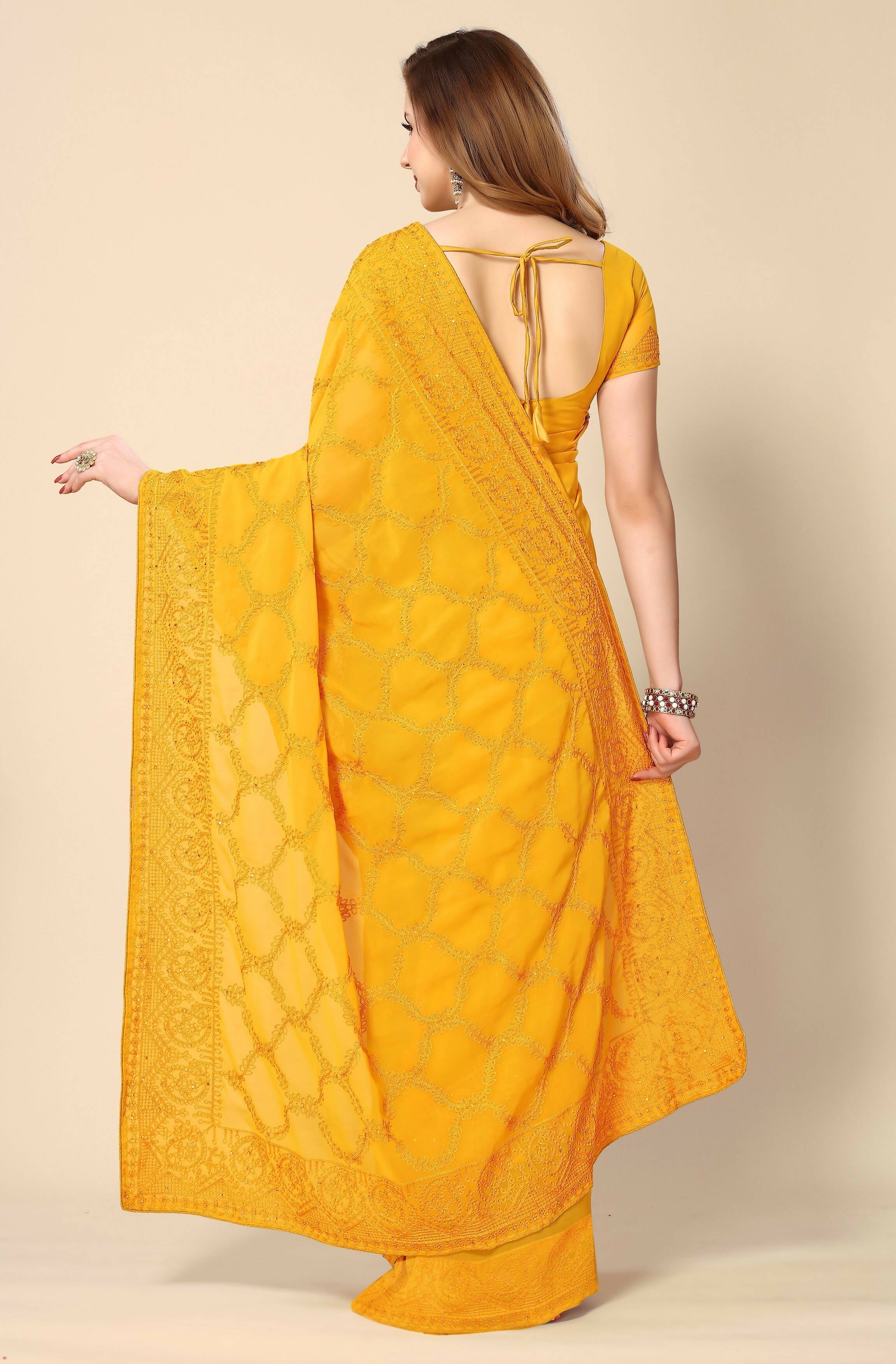 Mustard Georgette Embroidered and Stone Work Saree with Unstitched Blouse Piece - Roozal
