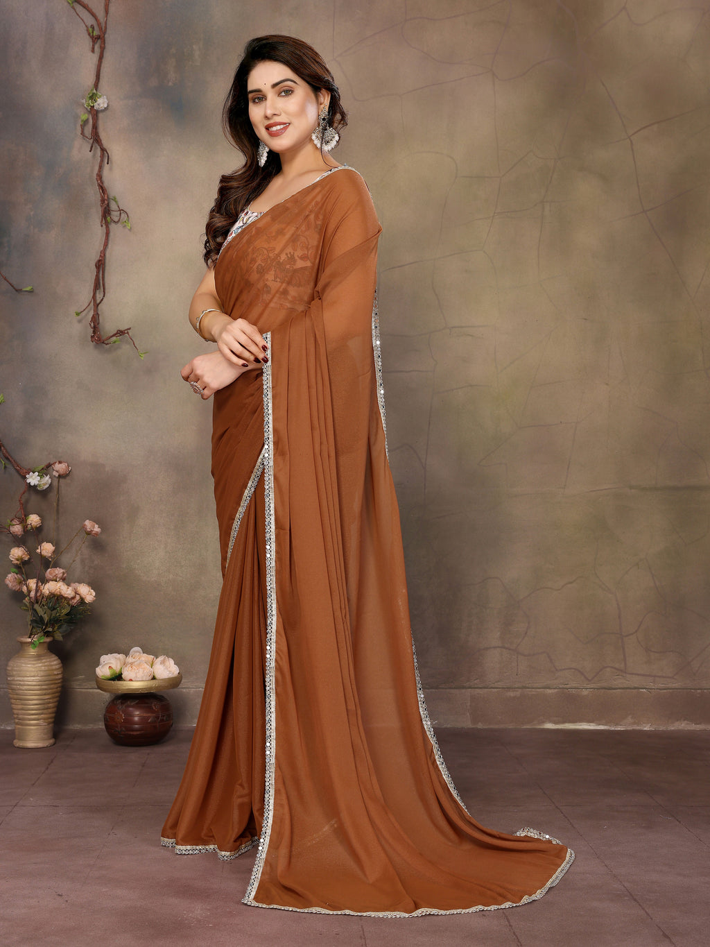 Partywear traditional Georgette Brown Fancy Saree - Anbazaar